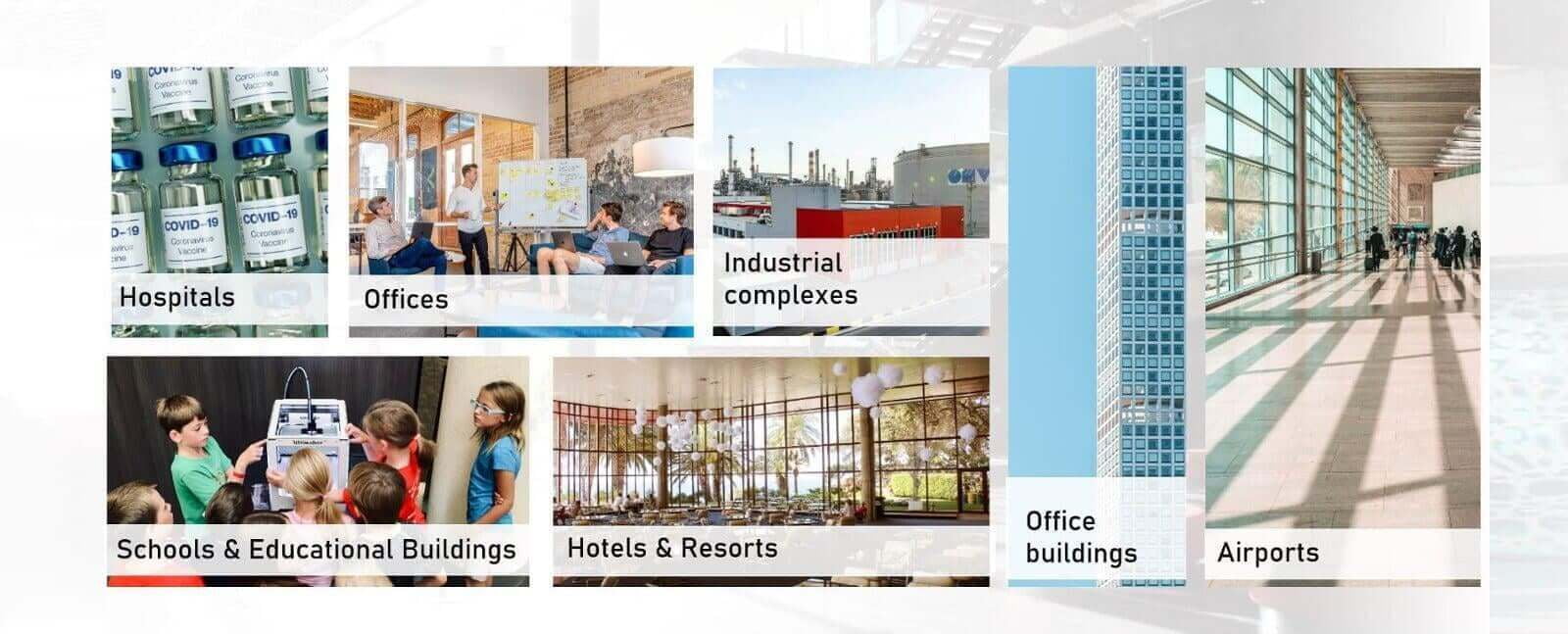 Intelligente Gebäudelösungen sind für Krankenhäuser, Büros, Industriekomplexe und Fabriken, Schulen, Hotels und Flughäfen geeignet.