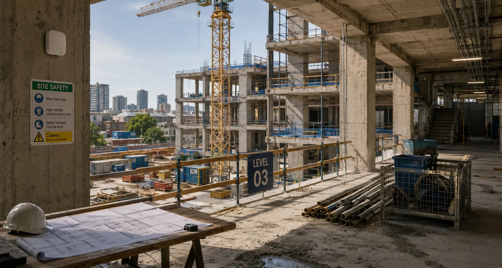 Construction site monitored with wireless building IoT sensors